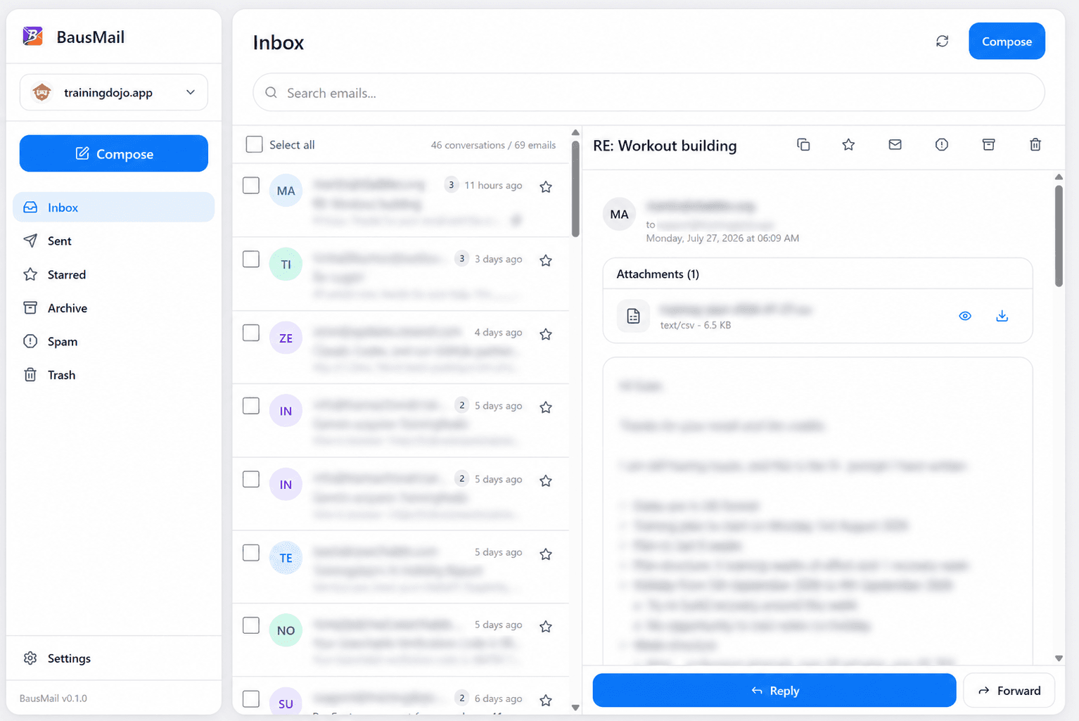 Privacy-safe BausMail desktop inbox demo with identifying email details and message content blurred