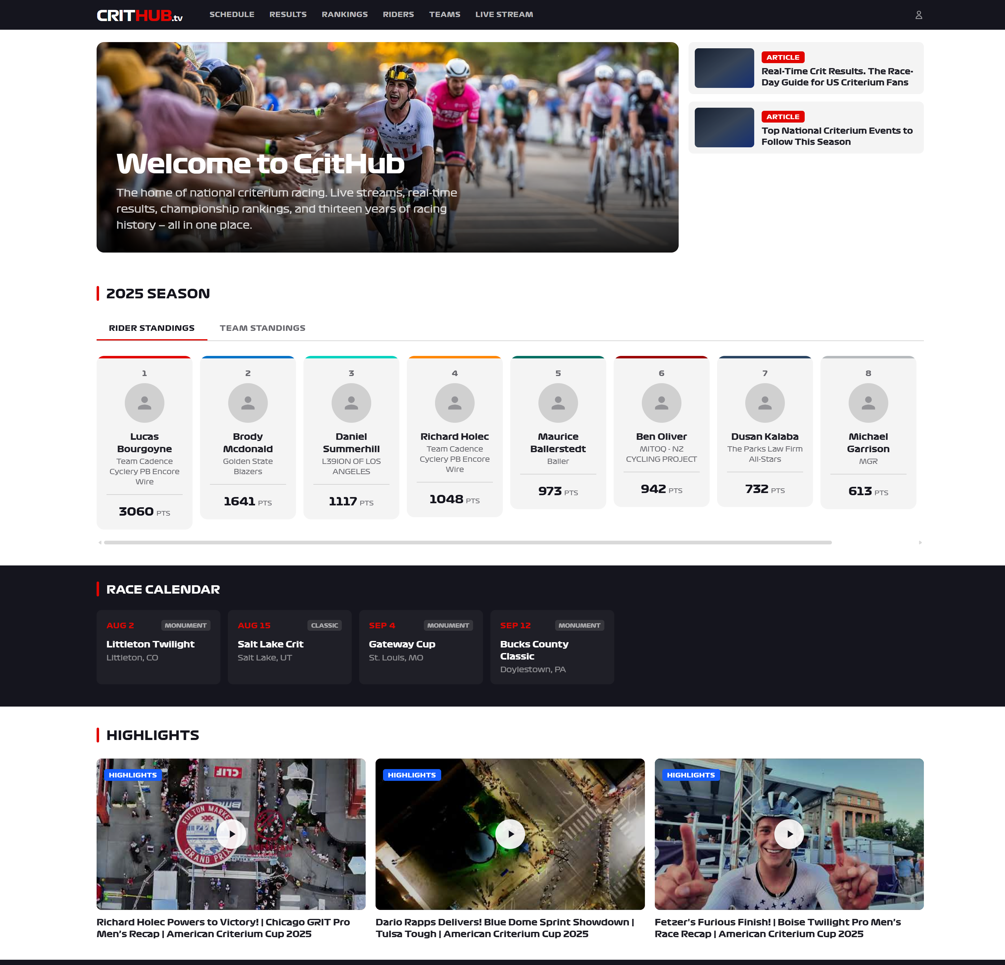 Current CritHub homepage with national criterium schedule, standings, race calendar, livestreams, and highlights