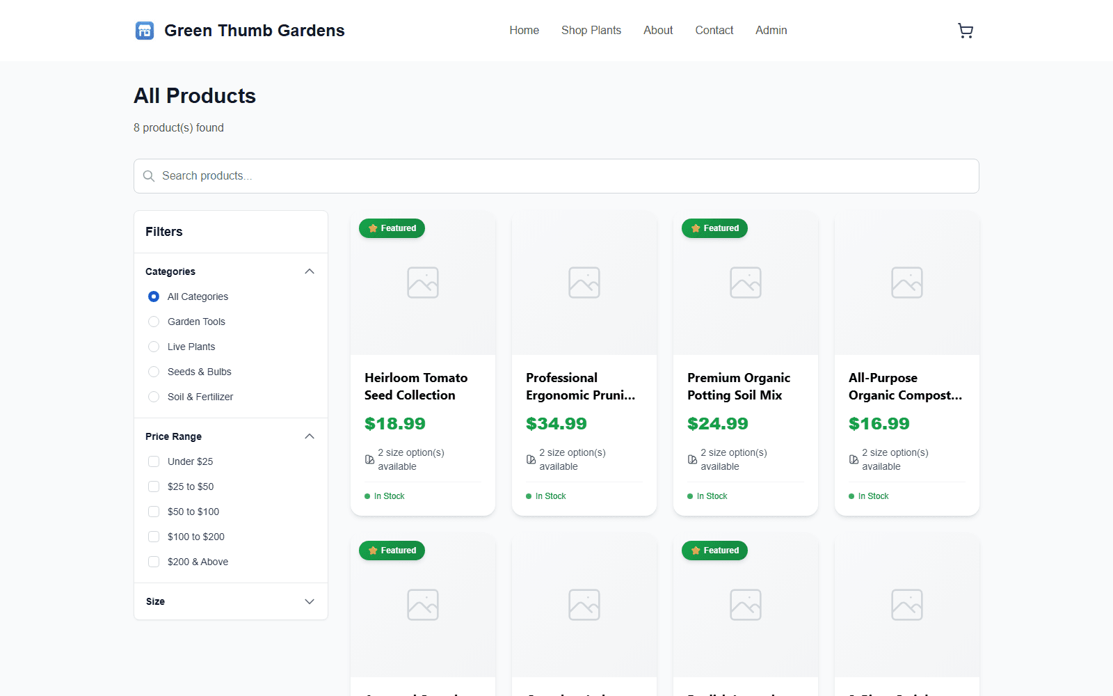 Configurable Green Thumb Gardens storefront showing product search, filters, inventory, pricing, and product cards