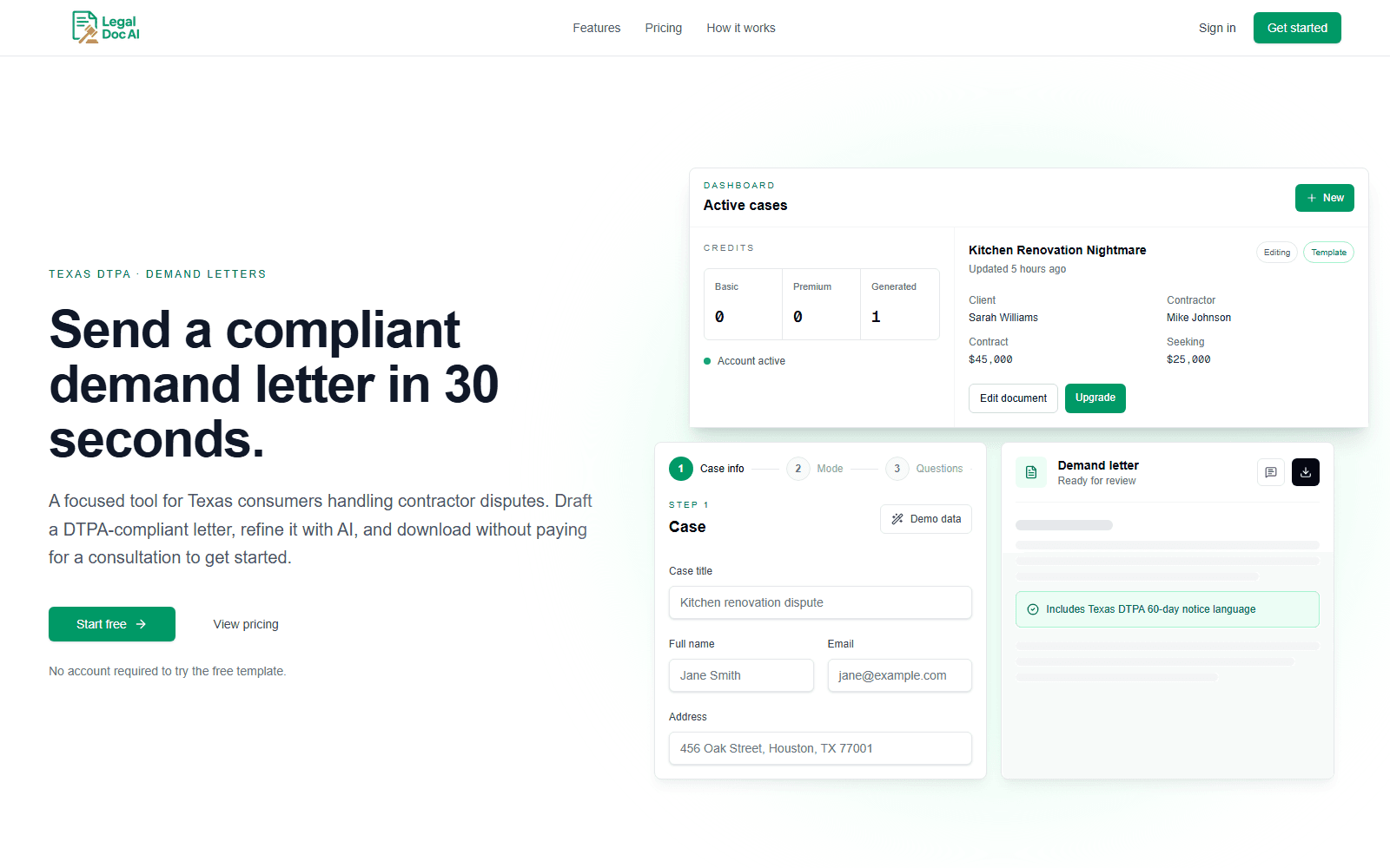LegalDoc homepage with a Texas DTPA demand-letter workflow, active cases dashboard, guided case form, and document preview