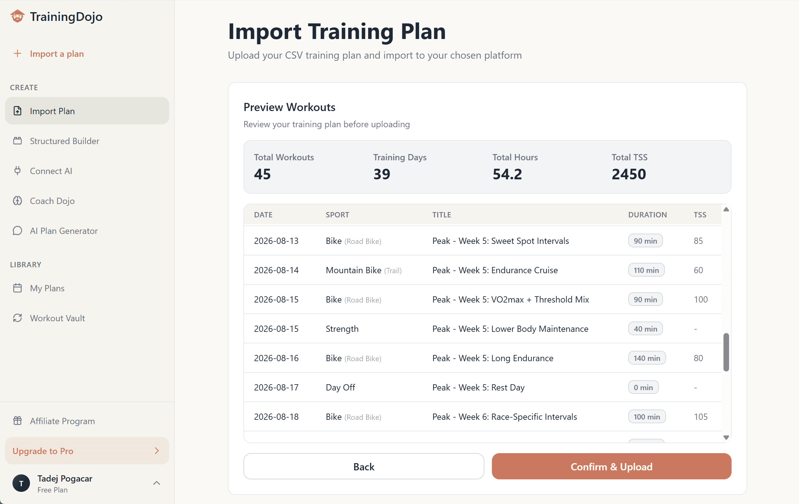 TrainingDojo import preview showing a structured 45-workout training plan