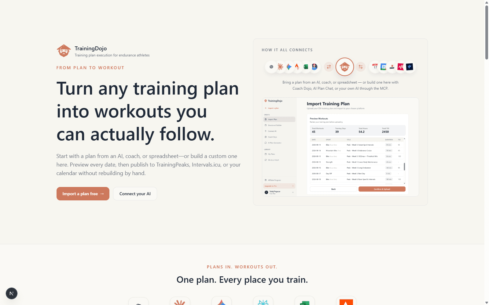 TrainingDojo homepage explaining how endurance athletes turn training plans into structured workouts