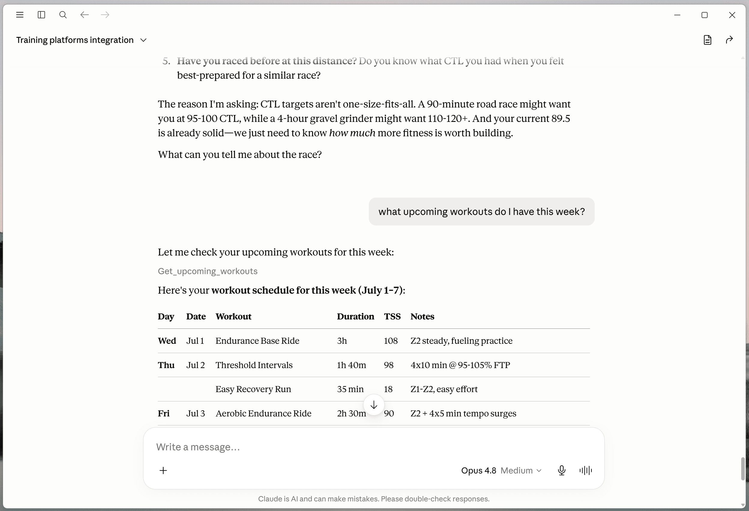 An AI assistant reading an athlete's upcoming TrainingDojo workouts through MCP
