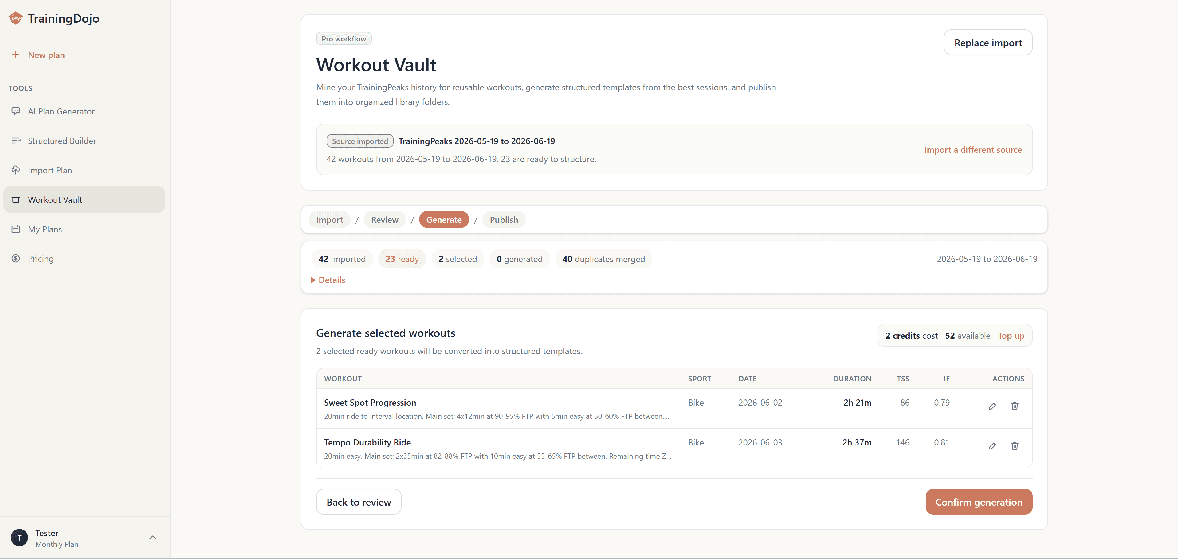 TrainingDojo workout vault with structured cycling workouts